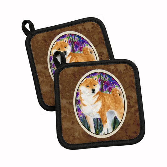 Pot Holder Set of 2 | Heat Resistant Quilted Hot Pads | 7.5 x 7.5 Inch | Shiba Inu (Style 6)