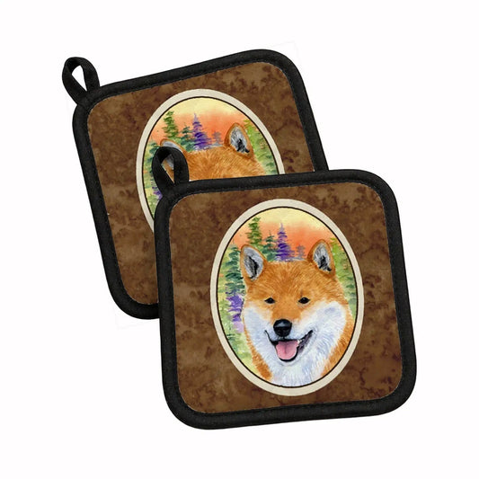 Pot Holder Set of 2 | Heat Resistant Quilted Hot Pads | 7.5 x 7.5 Inch | Shiba Inu (Style 7)