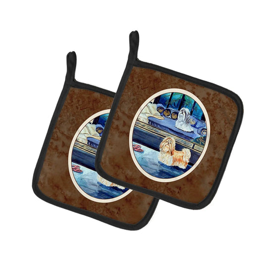 Pot Holder Set of 2 | Heat Resistant Quilted Hot Pads | 7.5 x 7.5 Inch | Shih Tzu Double Trouble