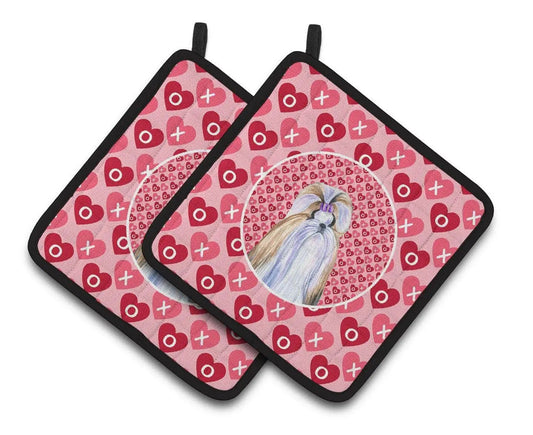 Pot Holder Set of 2 | Heat Resistant Quilted Hot Pads | 7.5 x 7.5 Inch | Shih Tzu Hearts Love and Valentine's Day Portrait