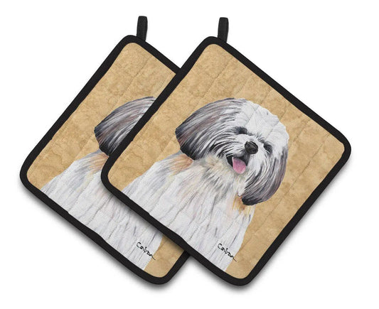 Pot Holder Set of 2 | Heat Resistant Quilted Hot Pads | 7.5 x 7.5 Inch | Shih Tzu Wipe your Paws