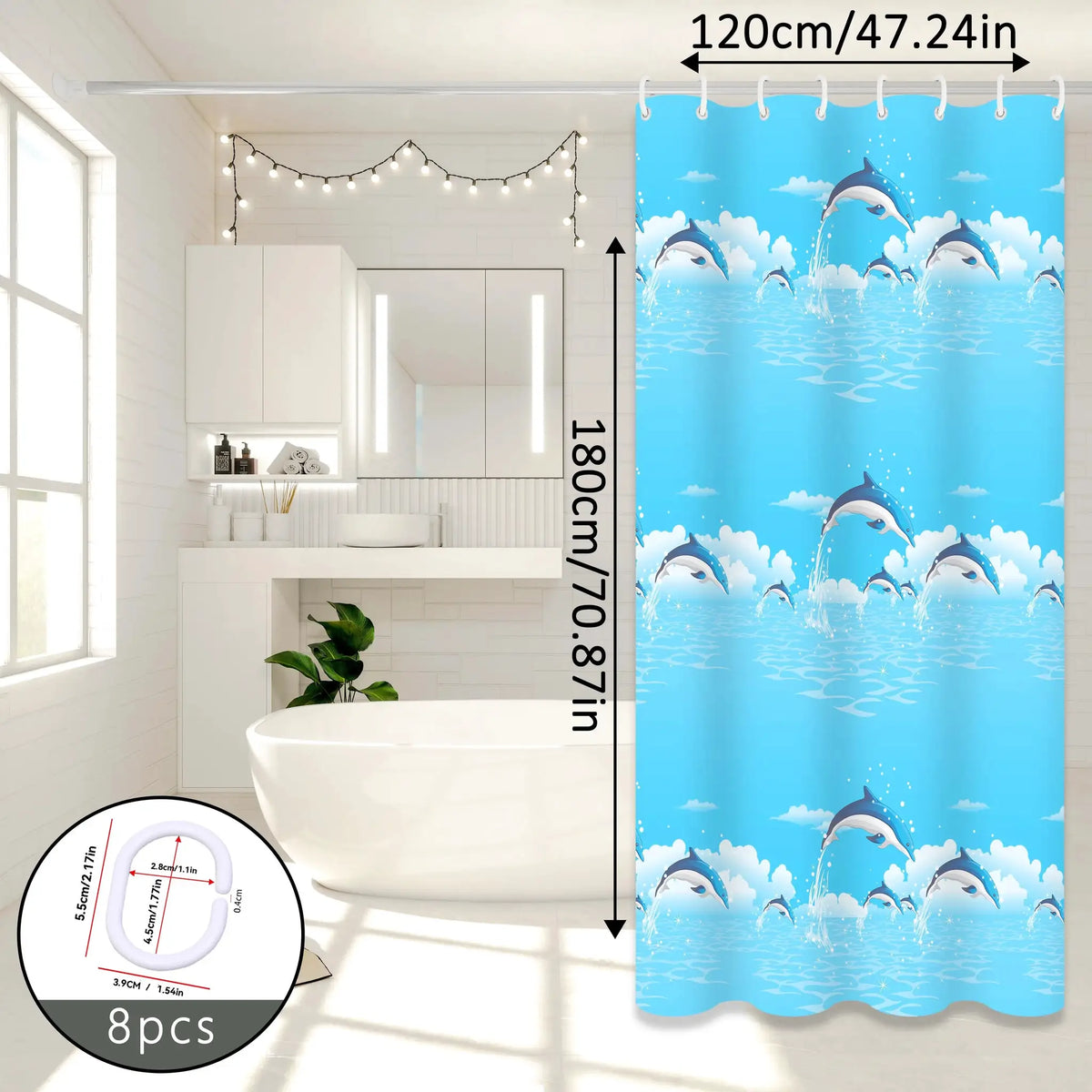 Dolphin Print Cartoon Shower Curtain, Ocean-Themed Bathroom Curtain, Cute Bathroom Curtain for Parent-Child Room from PriceLows™