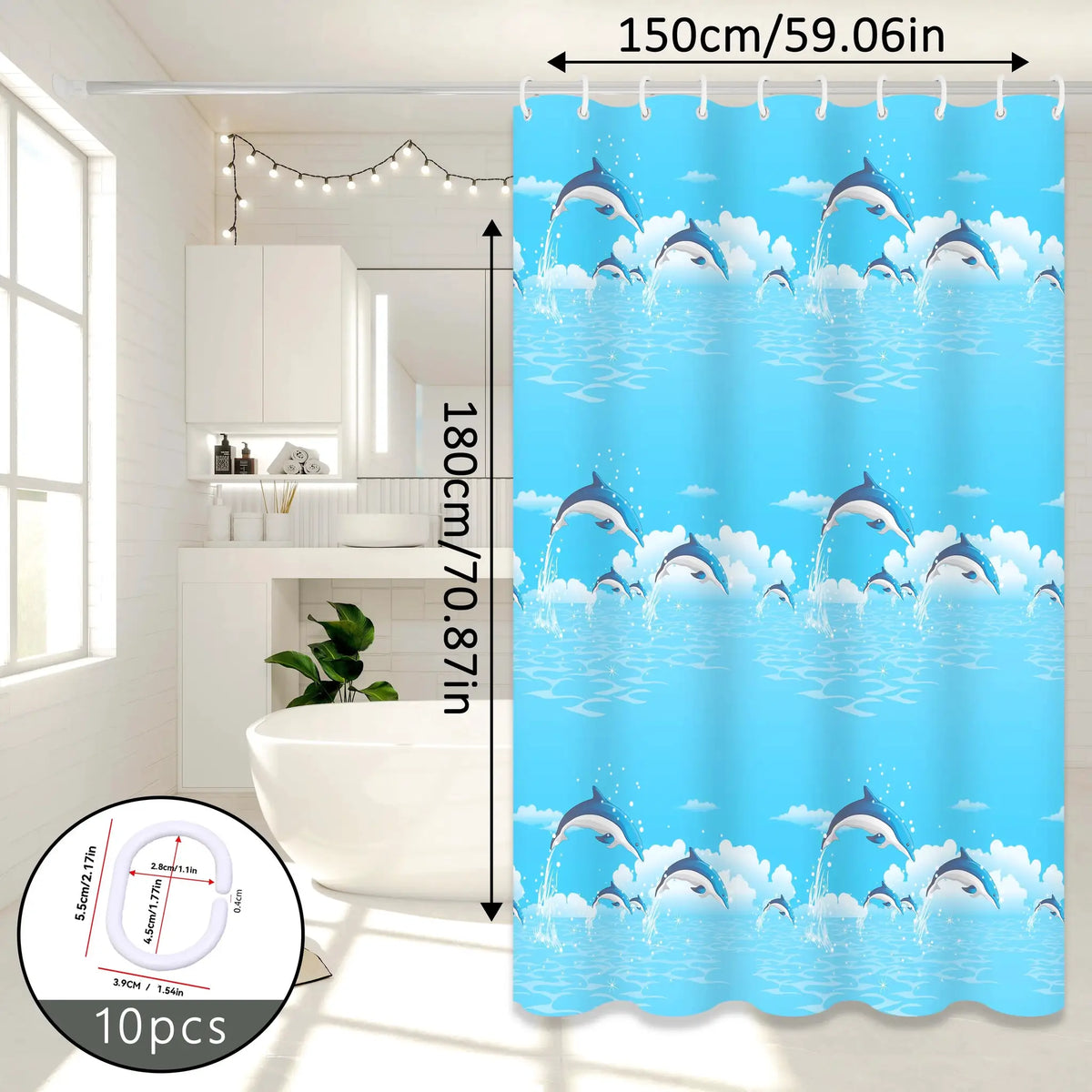 Dolphin Print Cartoon Shower Curtain, Ocean-Themed Bathroom Curtain, Cute Bathroom Curtain for Parent-Child Room from PriceLows™