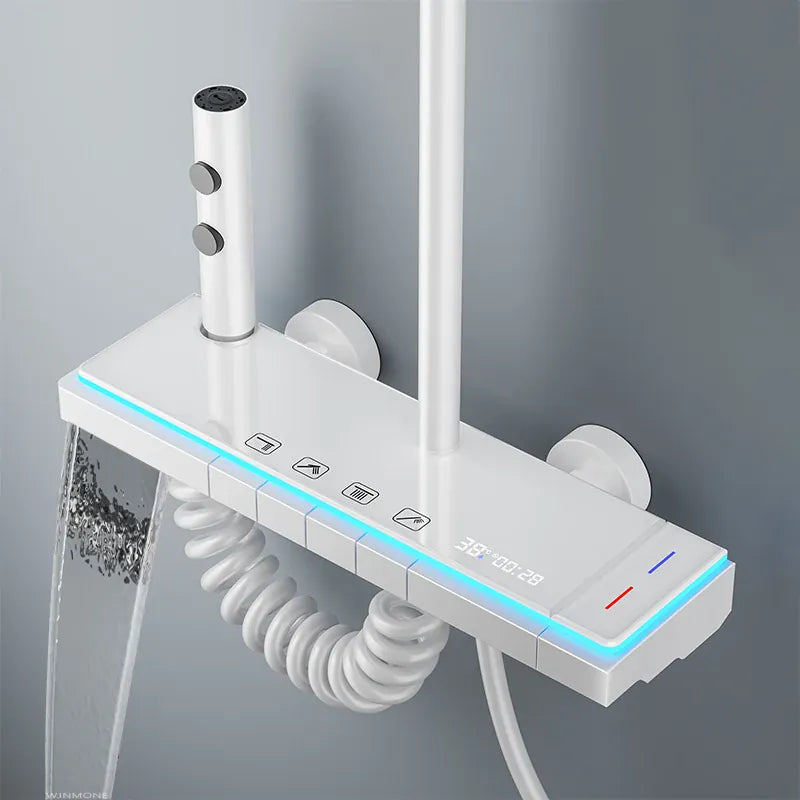 Modern Bathrooms Shower System Set Glass Panel Bathtub Rain LED Display Rainfall Shower Mixer Tap Thermostatic Faucet with Light from PriceLows™