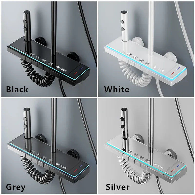 Modern Bathrooms Shower System Set Glass Panel Bathtub Rain LED Display Rainfall Shower Mixer Tap Thermostatic Faucet with Light from PriceLows™