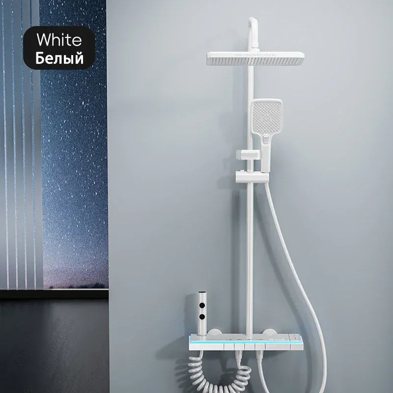 Modern Bathrooms Shower System Set Glass Panel Bathtub Rain LED Display Rainfall Shower Mixer Tap Thermostatic Faucet with Light from PriceLows™