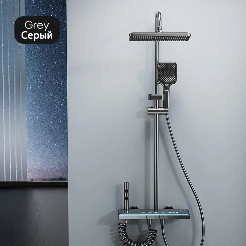 Modern Bathrooms Shower System Set Glass Panel Bathtub Rain LED Display Rainfall Shower Mixer Tap Thermostatic Faucet with Light from PriceLows™