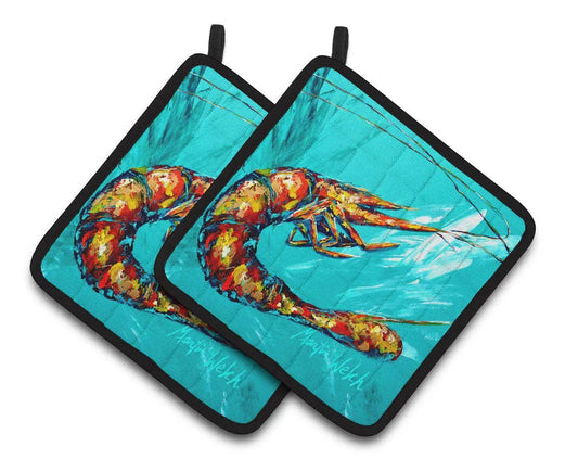 Pot Holder Set of 2 | Heat Resistant Quilted Hot Pads | 7.5 x 7.5 Inch | Shrimp Teal Shrimp