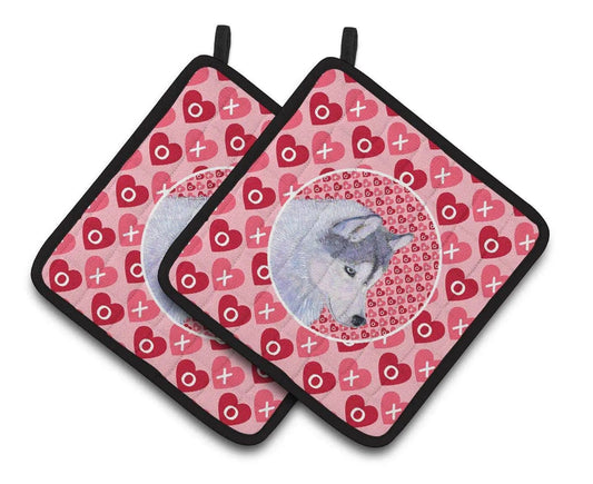 Pot Holder Set of 2 | Heat Resistant Quilted Hot Pads | 7.5 x 7.5 Inch | Siberian Husky Hearts Love Valentine's Day