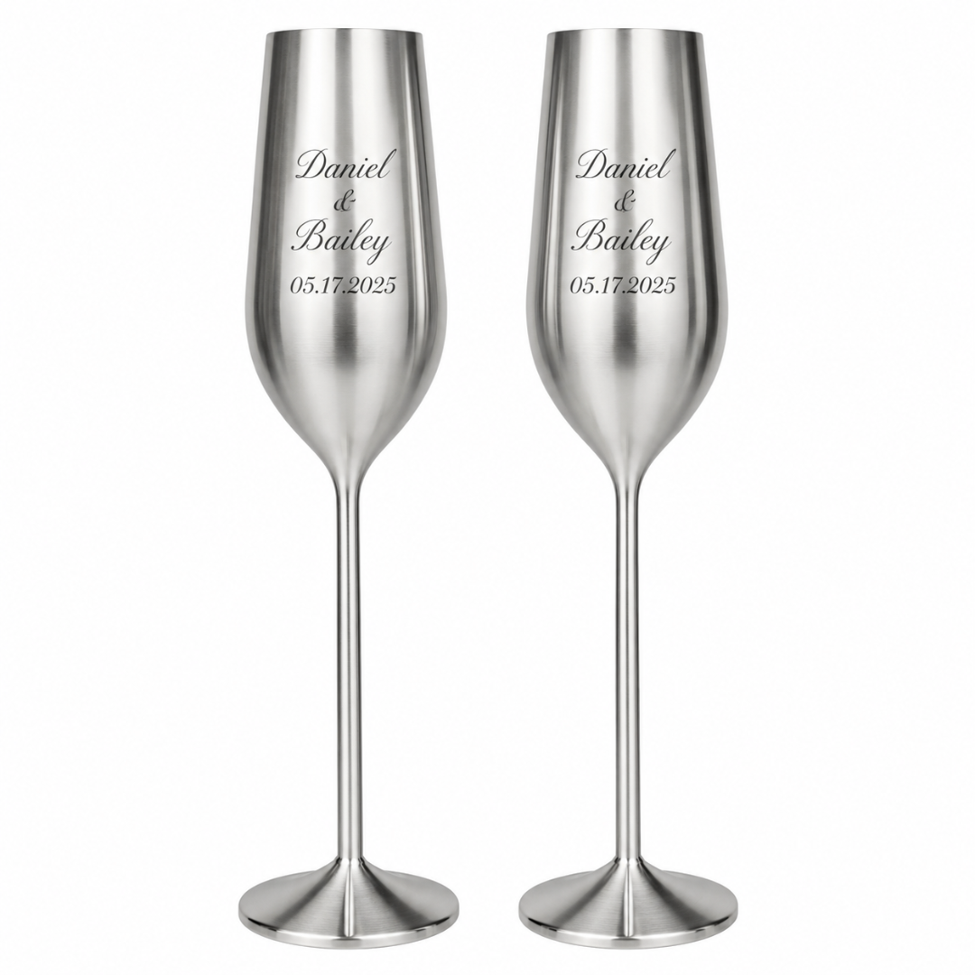 Personalized Champagne Flutes | Engraved Silver | Set Of Two | 7.5 Oz