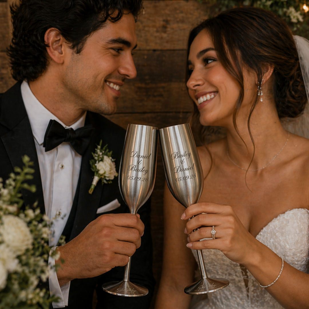 Personalized Champagne Flutes | Engraved Silver | Set Of Two | 7.5 Oz