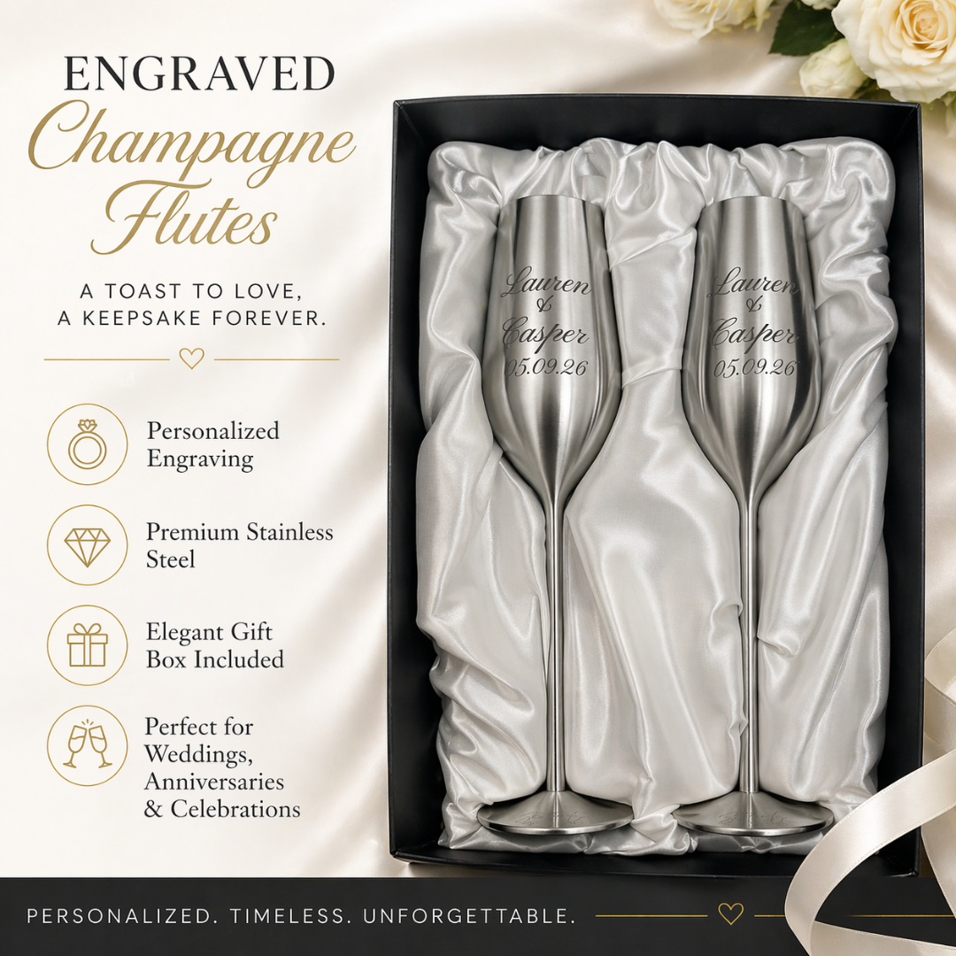 Personalized Champagne Flutes | Engraved Silver | Set Of Two | 7.5 Oz