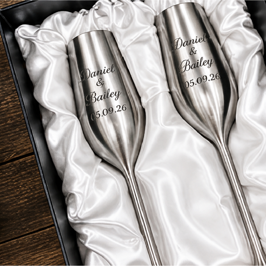 Personalized Champagne Flutes | Engraved Silver | Set Of Two | 7.5 Oz
