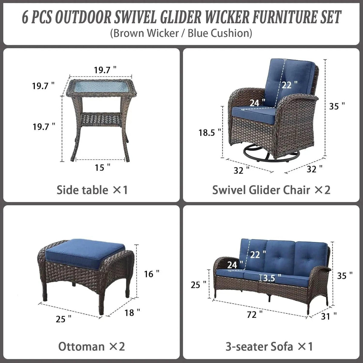 Six Piece Patio Conversation Set Brown Wicker Blue Cushions from PriceLows™