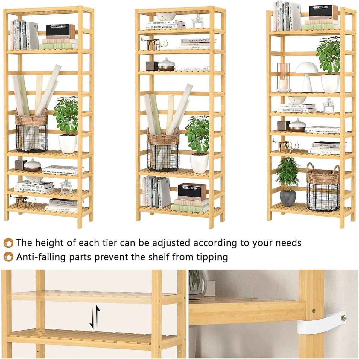 Six Tier Adjustable Bamboo Bookshelf Tall 63 Inch Natural from PriceLows™