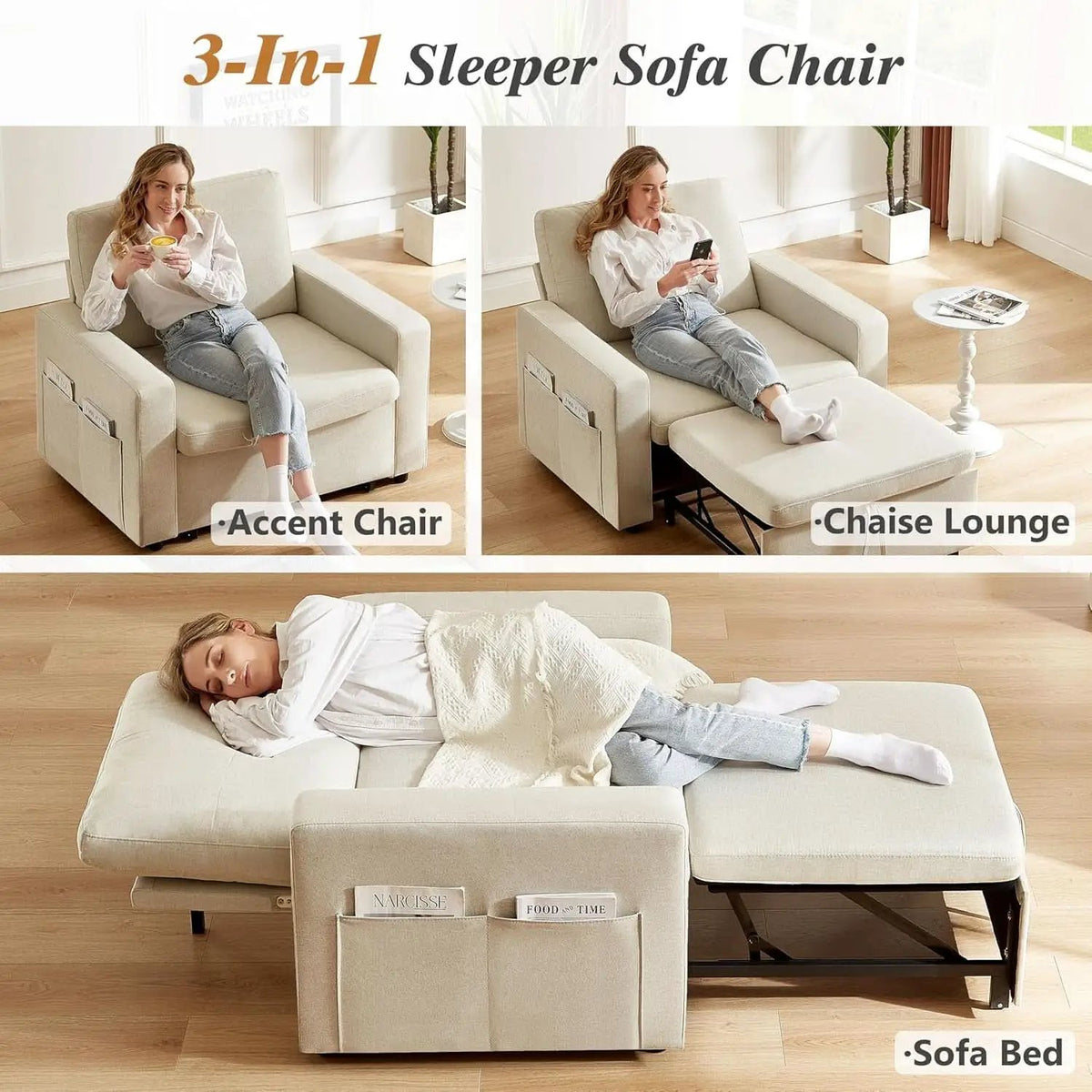 Forty Two Point Five Inch Sleeper Chair Bed Beige Convertible Sofa Bed from PriceLows™