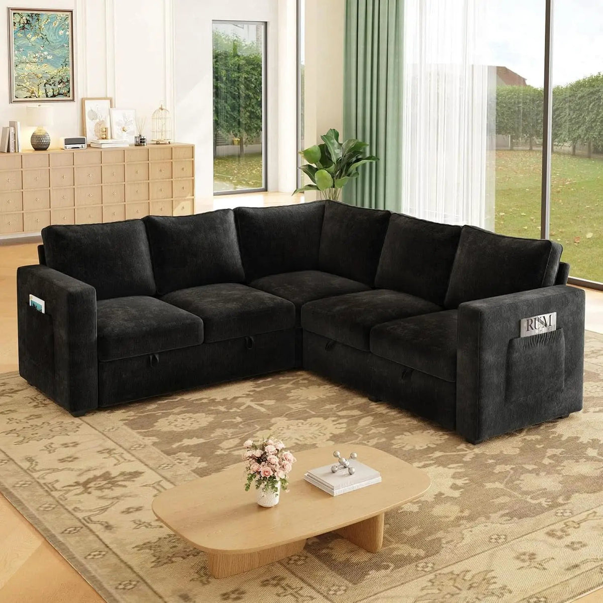 Black 83Inch Deluxe Sleeper Sectional Sofa With Storage from PriceLows™