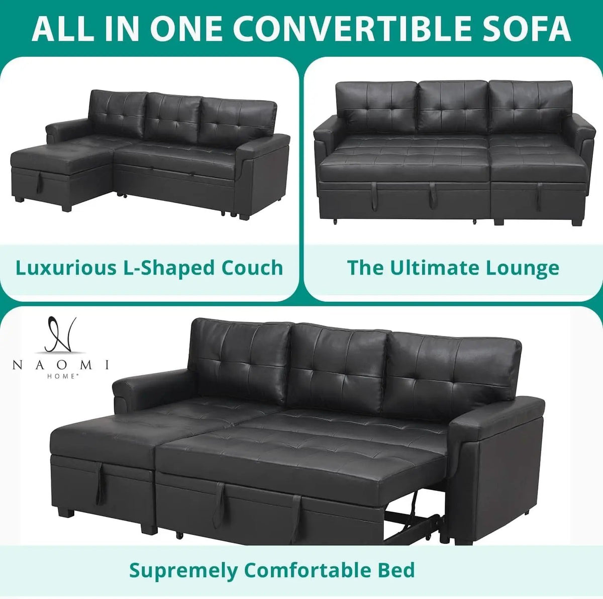 Sleeper Sectional Sofa Black Leather With Convertible Bed from PriceLows™