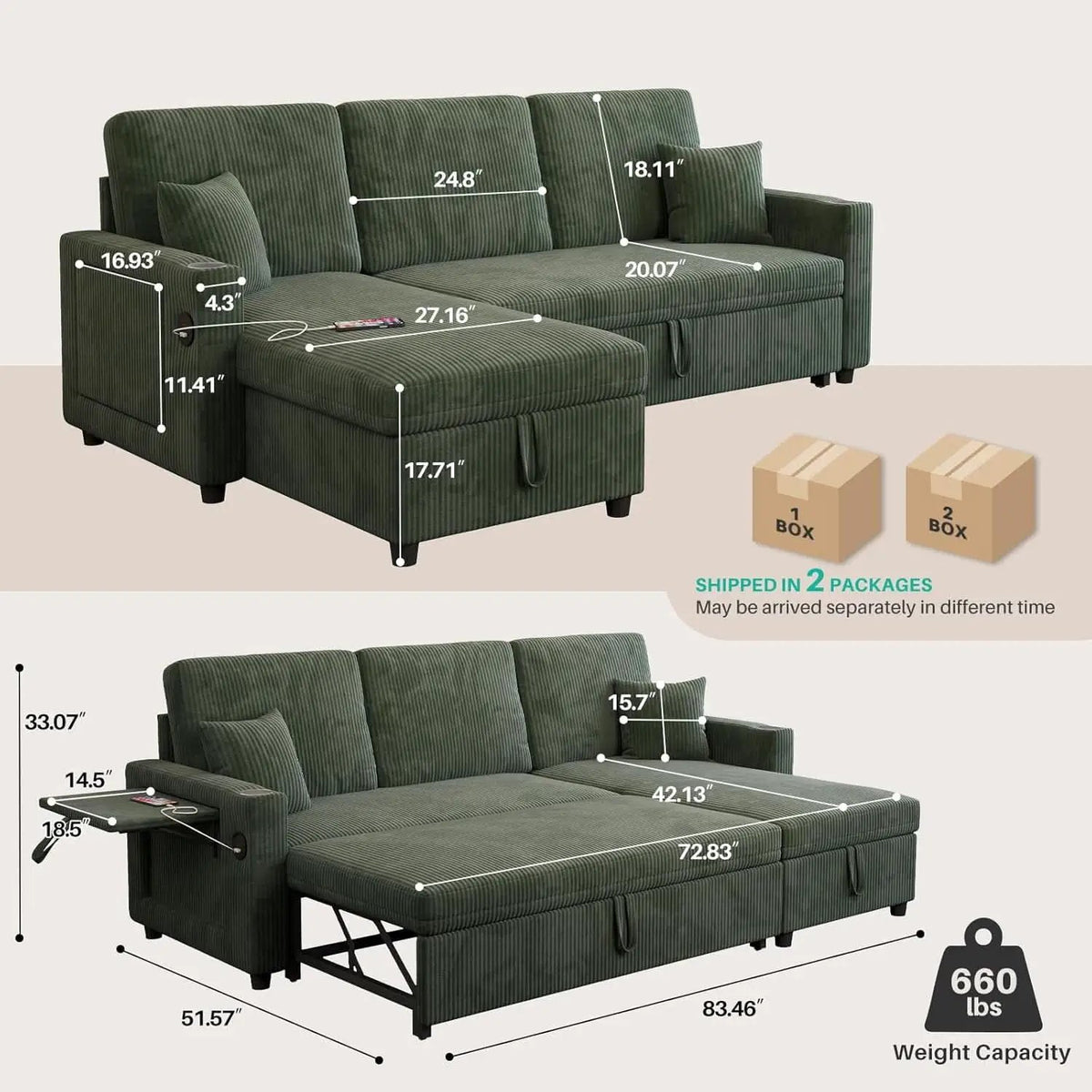 Luxurious Corduroy Green 83-Inch Sleeper Sectional Sofa from PriceLows™