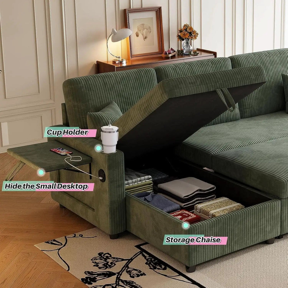 Luxurious Corduroy Green 83-Inch Sleeper Sectional Sofa from PriceLows™