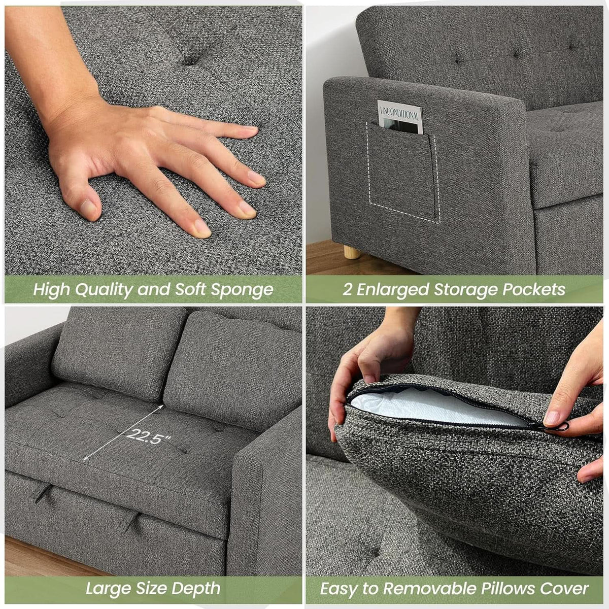 Sleeper Sofa Bed, 3-In-1 Convertible Sofa Chair, Linen Fabric Pull Out Couch Bed, Loveseat Sleeper with Spring Support, Adjustable Backrest, 2 Seater Recliner Chair for Small Space, Dark Grey from PriceLows™