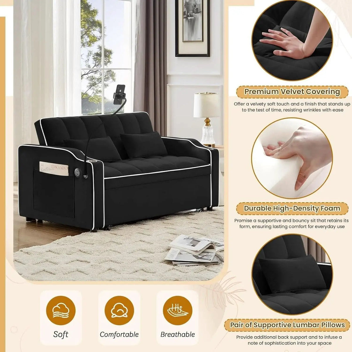 Black Velvet Luxe Sleeper Sofa Bed USB Charging Port from PriceLows™