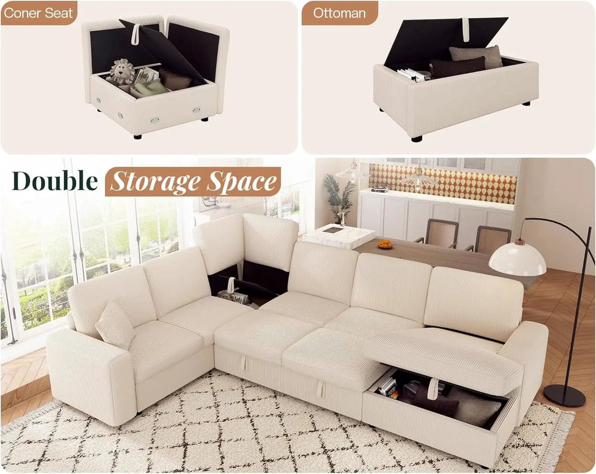 130Inch Beige Upholstered Sleeper Sofa With Storage from PriceLows™
