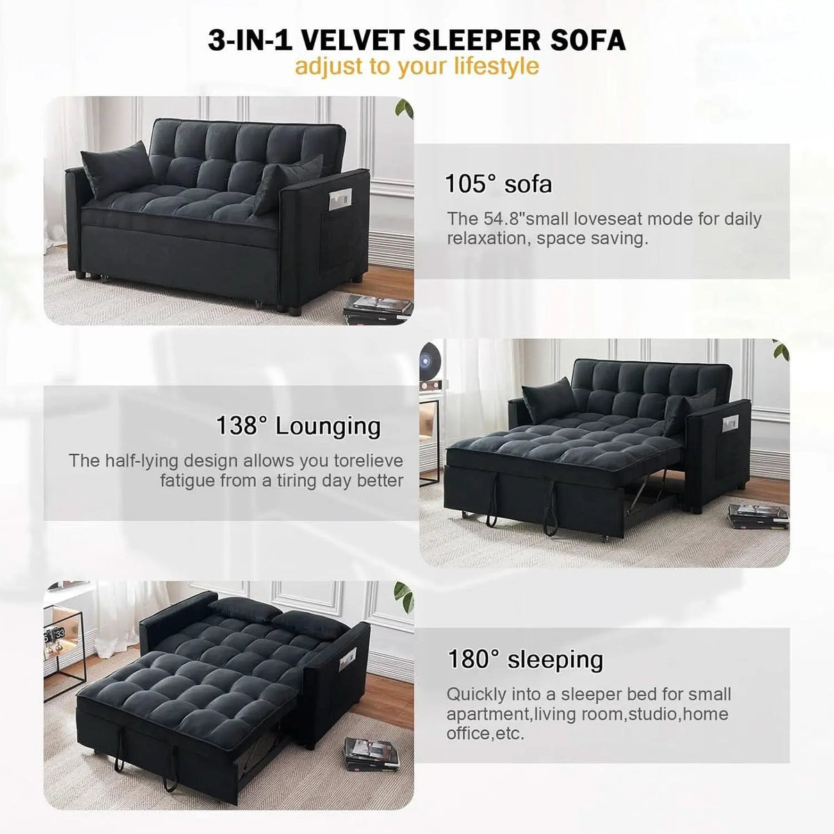Black Velvet Sleeper Sofa With Adjustable Backrest from PriceLows™