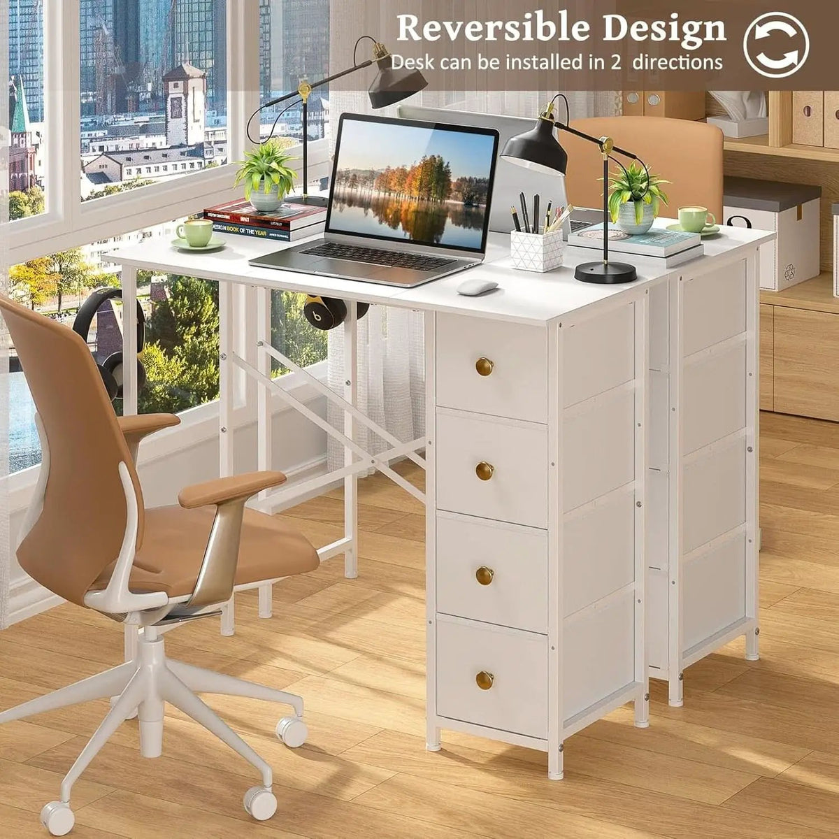 Small White Computer Desk With 4 Fabric Drawers 35 Inch from PriceLows™
