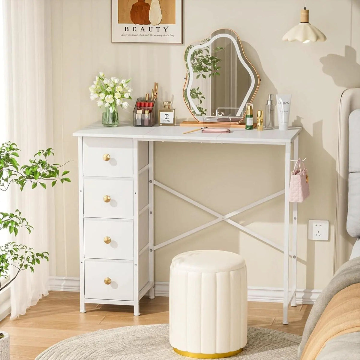 Small White Computer Desk With 4 Fabric Drawers 35 Inch from PriceLows™