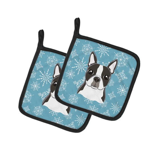 Pot Holder Set of 2 | Heat Resistant Quilted Hot Pads | 7.5 x 7.5 Inch | Snowflake Boston Terrier