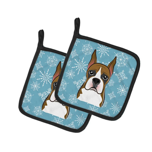 Pot Holder Set of 2 | Heat Resistant Quilted Hot Pads | 7.5 x 7.5 Inch | Snowflake Boxer