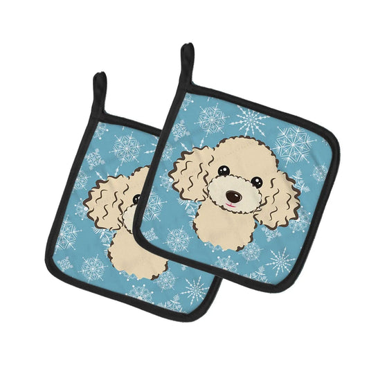 Pot Holder Set of 2 | Heat Resistant Quilted Hot Pads | 7.5 x 7.5 Inch | Snowflake Buff Poodle