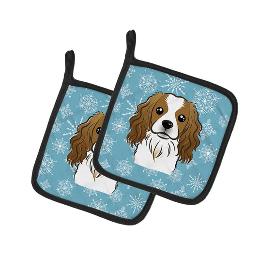 Pot Holder Set of 2 | Heat Resistant Quilted Hot Pads | 7.5 x 7.5 Inch | Snowflake Cavalier Spaniel
