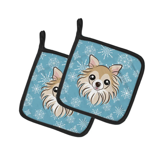 Pot Holder Set of 2 | Heat Resistant Quilted Hot Pads | 7.5 x 7.5 Inch | Snowflake Chihuahua