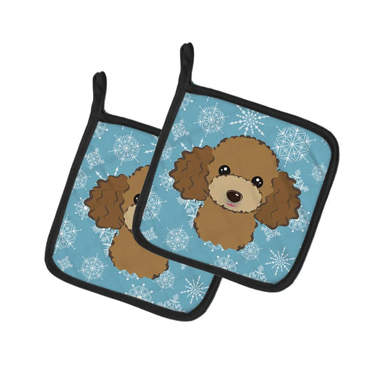 Pot Holder Set of 2 | Heat Resistant Quilted Hot Pads | 7.5 x 7.5 Inch | Snowflake Chocolate Brown Poodle