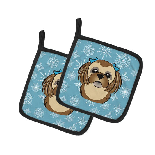Pot Holder Set of 2 | Heat Resistant Quilted Hot Pads | 7.5 x 7.5 Inch | Snowflake Chocolate Brown Shih Tzu