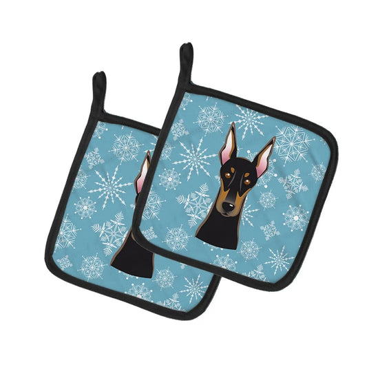 Pot Holder Set of 2 | Heat Resistant Quilted Hot Pads | 7.5 x 7.5 Inch | Snowflake Doberman