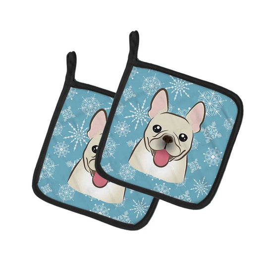 Pot Holder Set of 2 | Heat Resistant Quilted Hot Pads | 7.5 x 7.5 Inch | Snowflake French Bulldog