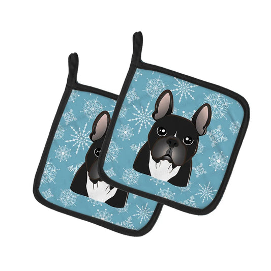 Pot Holder Set of 2 | Heat Resistant Quilted Hot Pads | 7.5 x 7.5 Inch | Snowflake French Bulldog (Style 2)