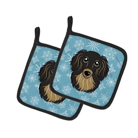 Pot Holder Set of 2 | Heat Resistant Quilted Hot Pads | 7.5 x 7.5 Inch | Snowflake Longhair Black and Tan Dachshund
