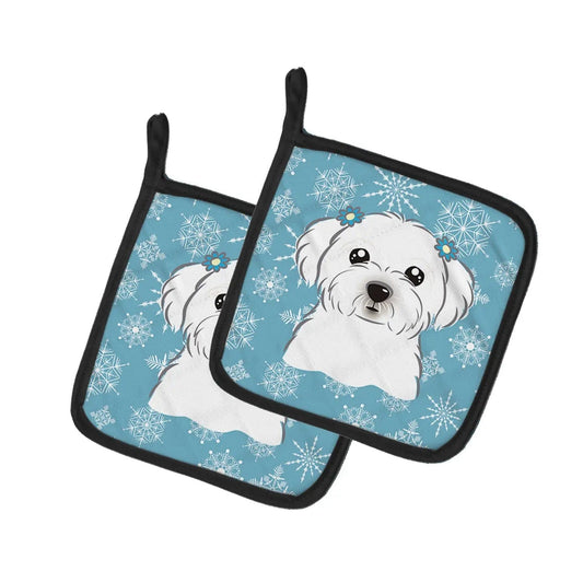 Pot Holder Set of 2 | Heat Resistant Quilted Hot Pads | 7.5 x 7.5 Inch | Snowflake Maltese