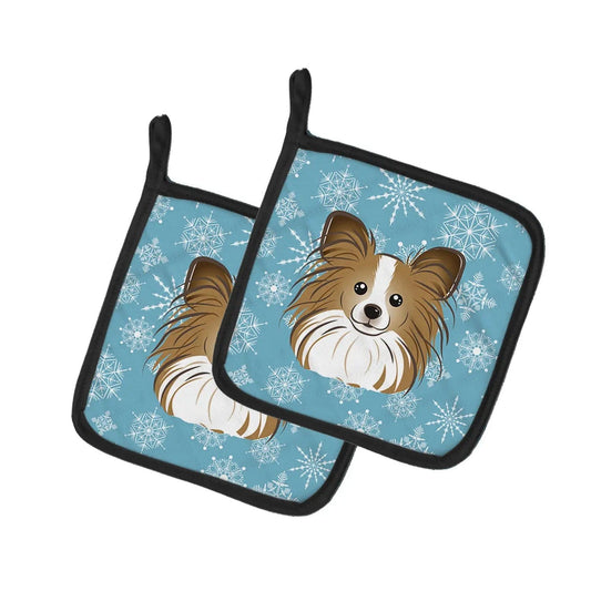 Pot Holder Set of 2 | Heat Resistant Quilted Hot Pads | 7.5 x 7.5 Inch | Snowflake Papillon