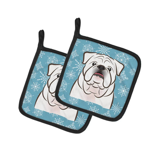 Pot Holder Set of 2 | Heat Resistant Quilted Hot Pads | 7.5 x 7.5 Inch | Snowflake White English Bulldog