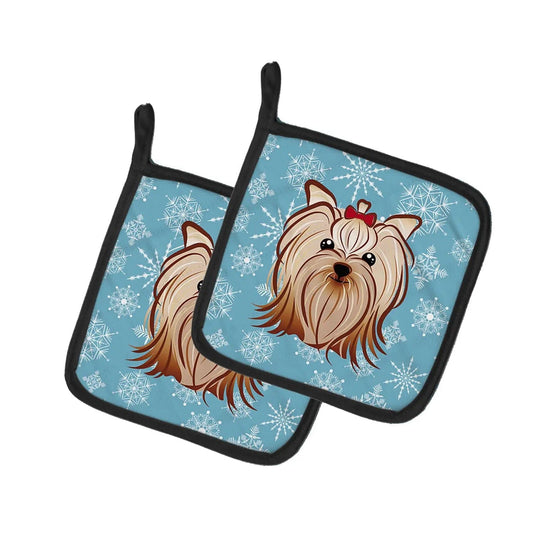 Pot Holder Set of 2 | Heat Resistant Quilted Hot Pads | 7.5 x 7.5 Inch | Snowflake Yorkie Yorkishire Terrier