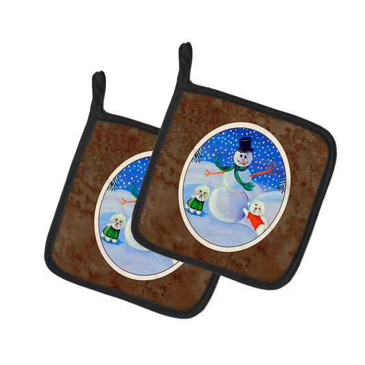 Pot Holder Set of 2 | Heat Resistant Quilted Hot Pads | 7.5 x 7.5 Inch | Snowman Bichon Frise
