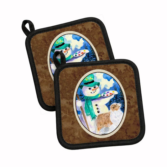 Pot Holder Set of 2 | Heat Resistant Quilted Hot Pads | 7.5 x 7.5 Inch | Snowman with Australian Shepherd