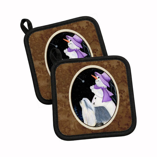 Pot Holder Set of 2 | Heat Resistant Quilted Hot Pads | 7.5 x 7.5 Inch | Snowman with Bearded Collie