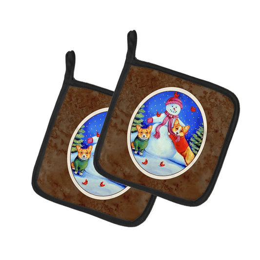 Pot Holder Set of 2 | Heat Resistant Quilted Hot Pads | 7.5 x 7.5 Inch | Snowman with Corgi