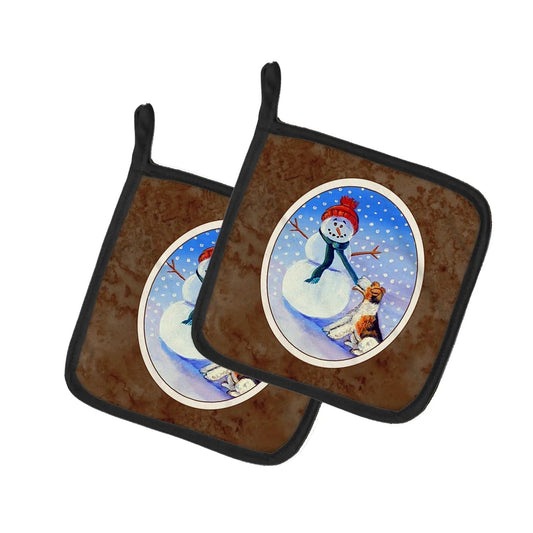 Pot Holder Set of 2 | Heat Resistant Quilted Hot Pads | 7.5 x 7.5 Inch | Snowman with Fox Terrier